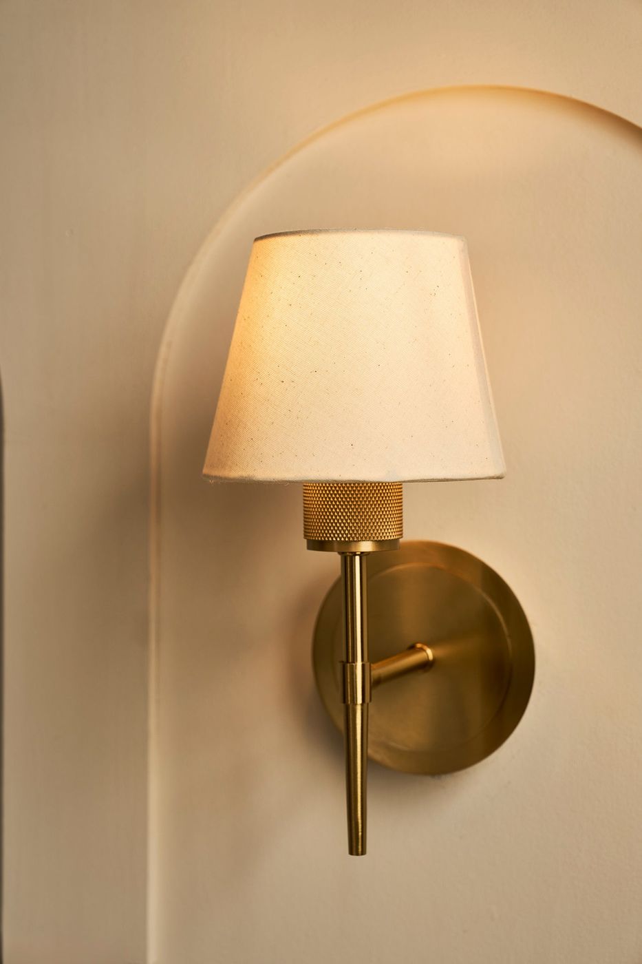 Brass Knurled Empire Torch Wall Light with Light Natural Cotton shade