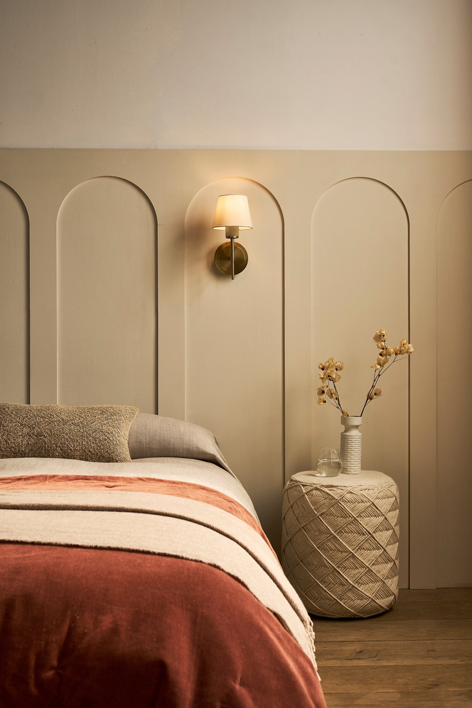 Brass Knurled Empire Torch Wall Light with Light Natural Cotton shade