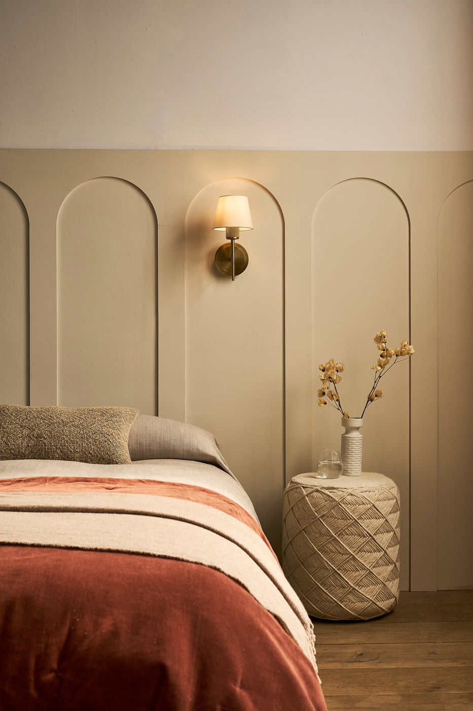 Brass Knurled Empire Torch Wall Light with Light Natural Cotton shade