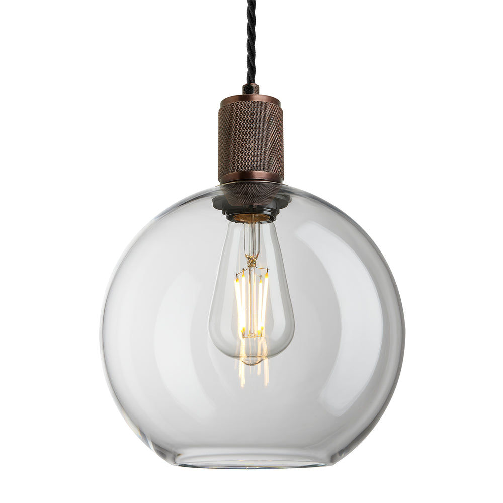 Clear Glass and Bronze Holder Globe Pendant Knurled Holder KN-GLGLP9-CL-BZH