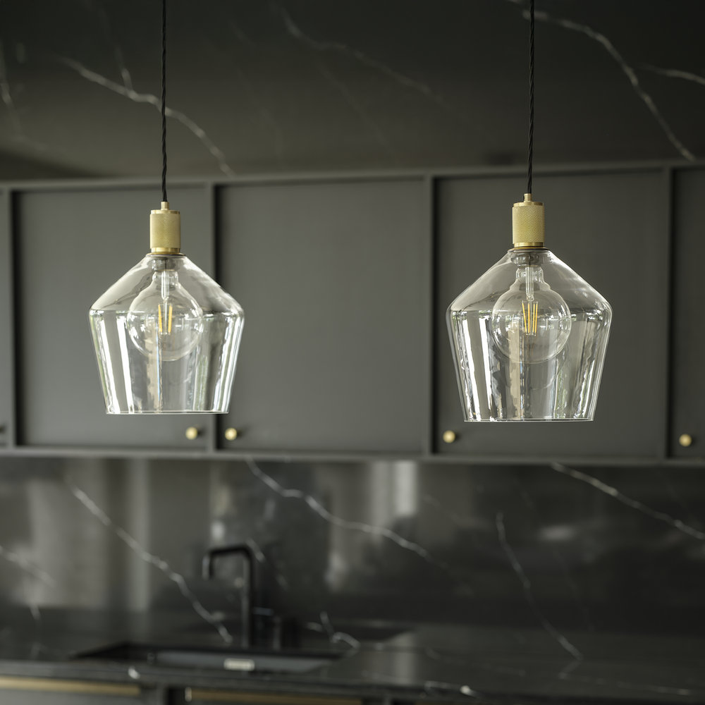 Clear Glass and Brass Holder Schoolhouse Pendant Knurled Holder KN-GLSHP10-CL-BH
