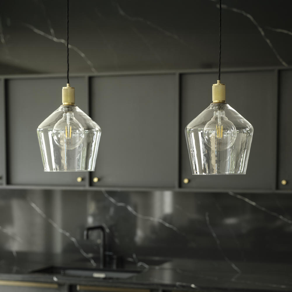 Clear Glass and Brass Holder Schoolhouse Pendant Knurled Holder KN-GLSHP10-CL-BH