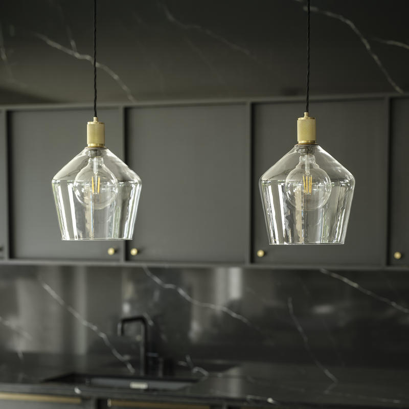 Clear Glass and Brass Holder Schoolhouse Pendant Knurled Holder KN-GLSHP10-CL-BH