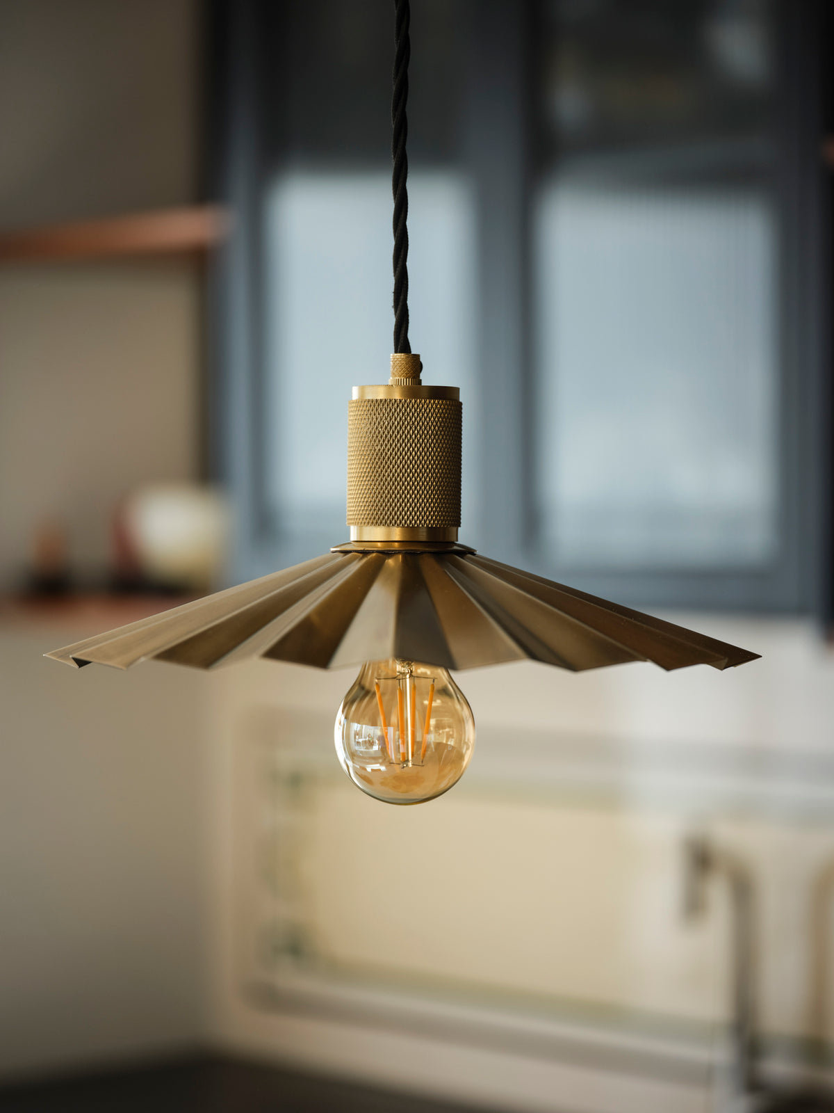 Knurled Pleated Slope Pendant Light in Brass Finish with Brass Holder