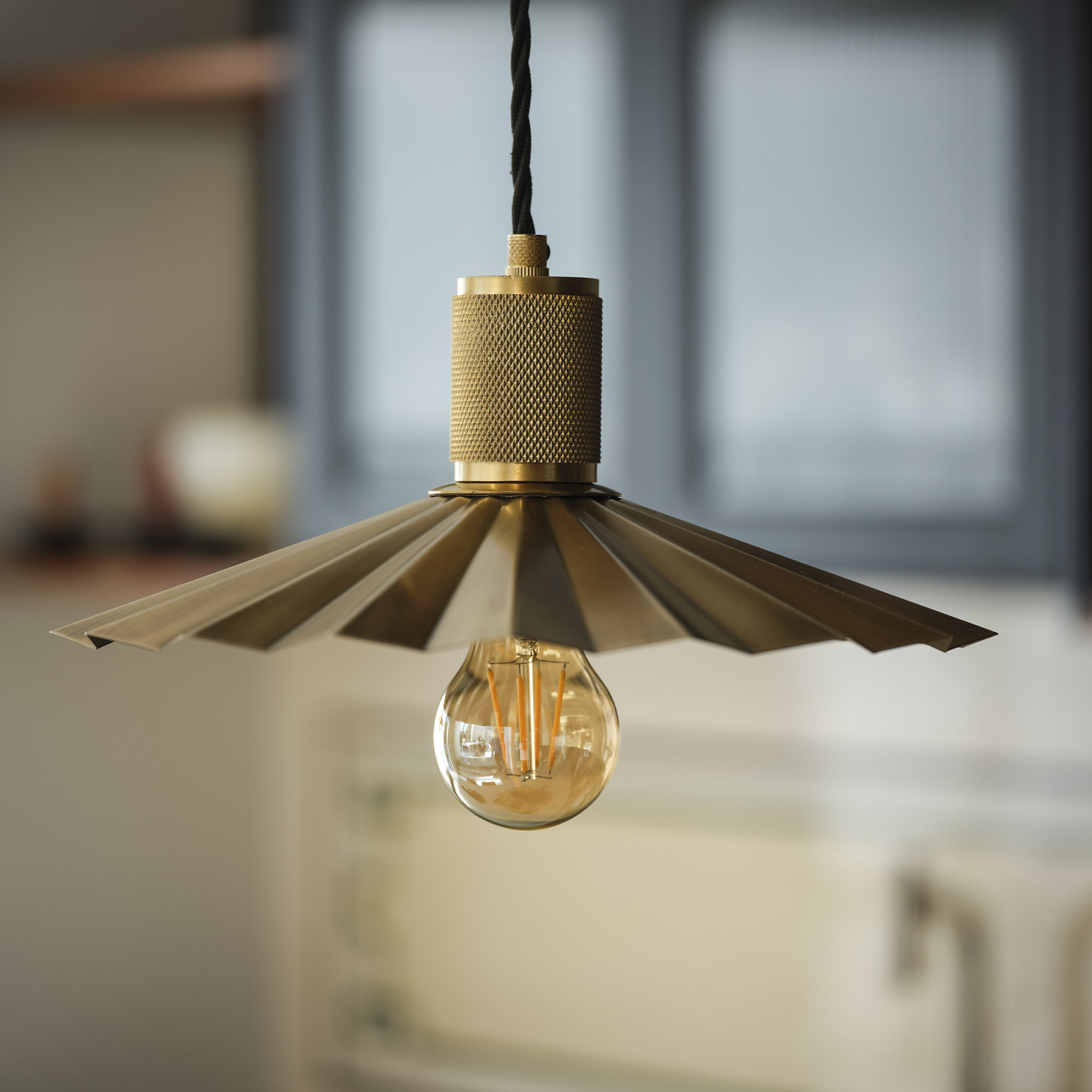 Knurled Pleated Slope Pendant Light in Brass Finish with Brass Holder
