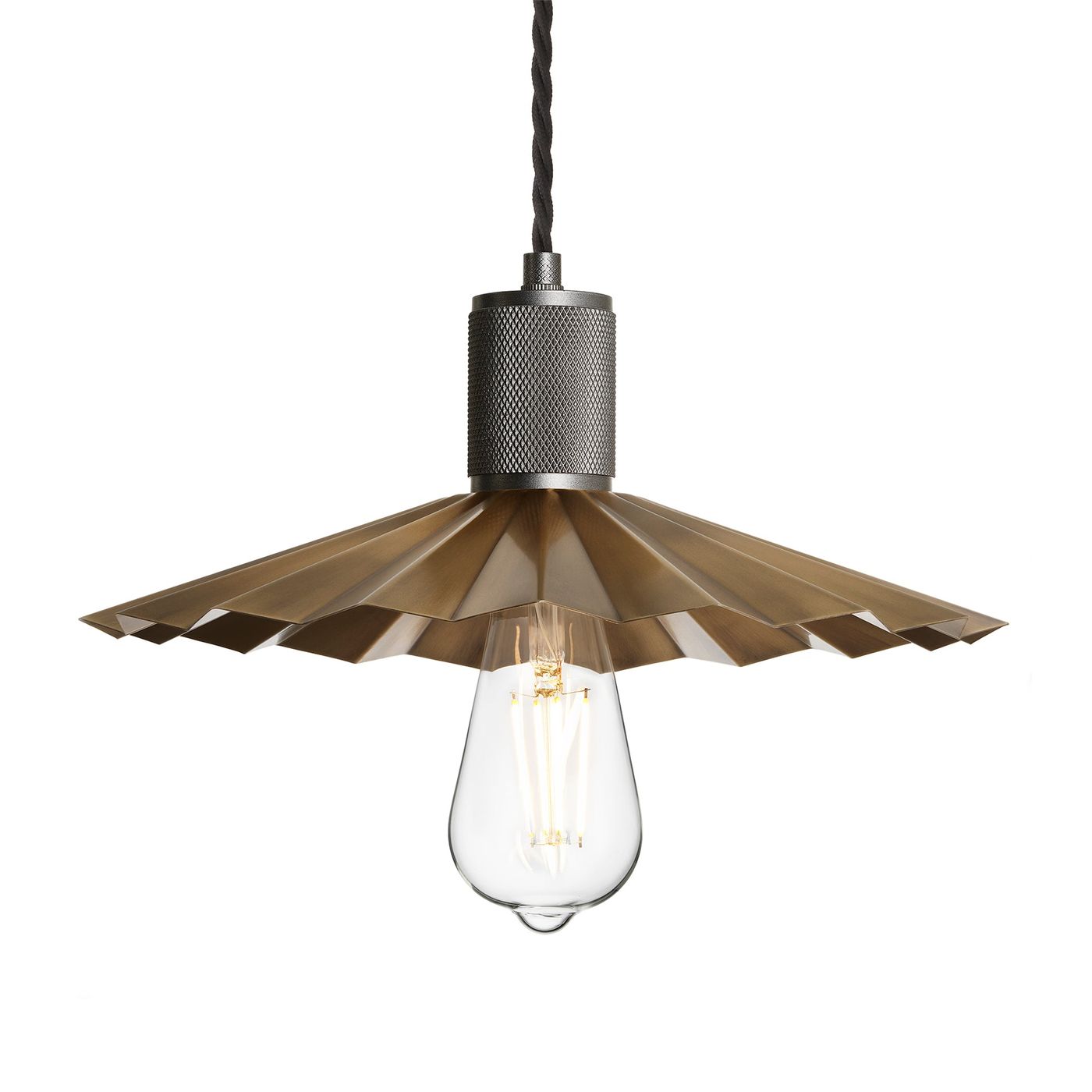 Knurled Pleated Slope Pendant Light in Brass Finish with Pewter Holder