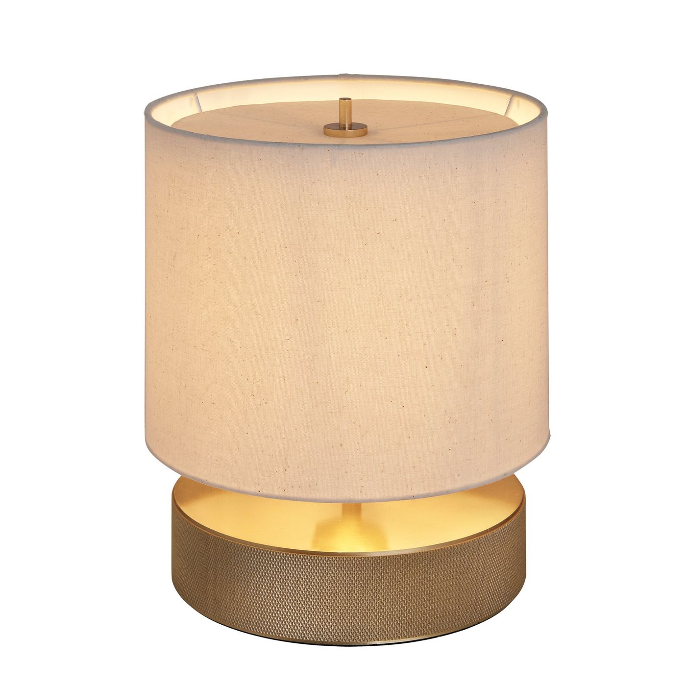 Knurled Round Table Lamp in Brass Finish with a Natural Cotton Drum Shade