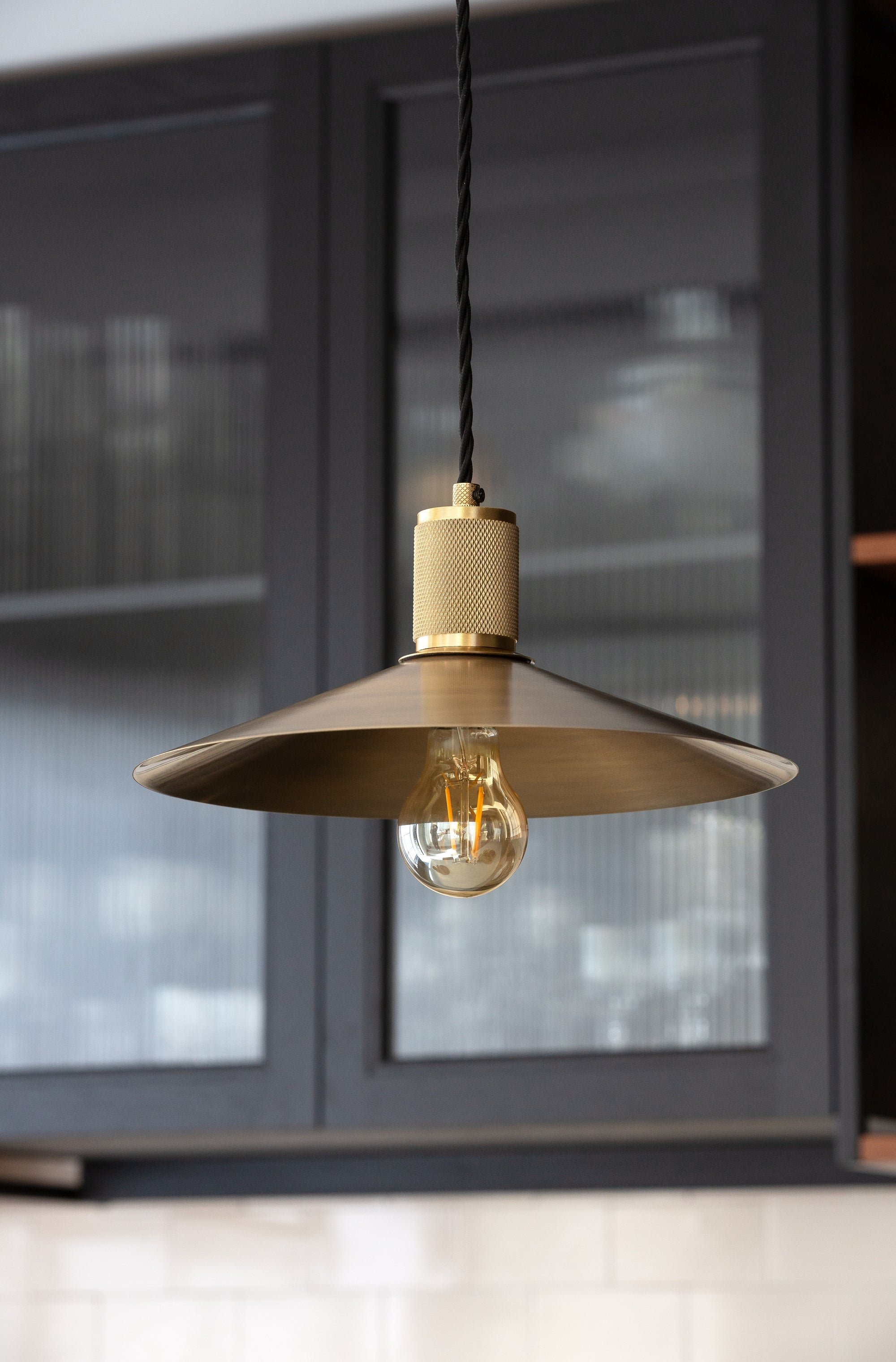 Knurled Slope Pendant Light in Brass Finish with Brass Holder