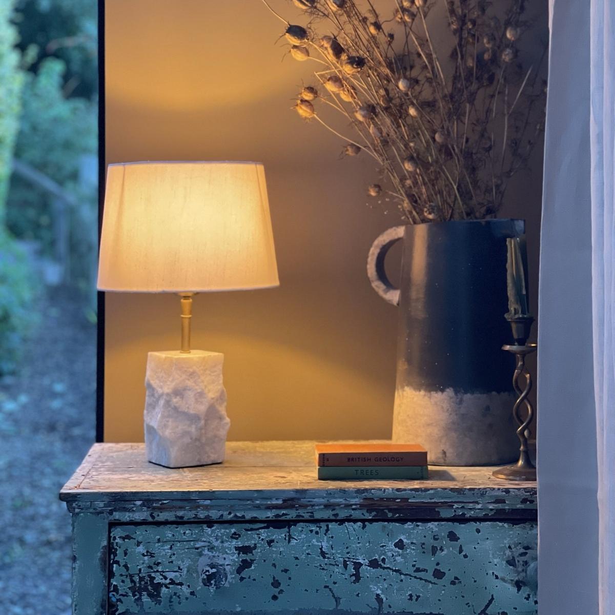 Marble Small Ridge Table Lamp with White Base and Natural Cotton Coolie Empire Large Shade, Industville MA-S-RITL-W-CEM-L-NC