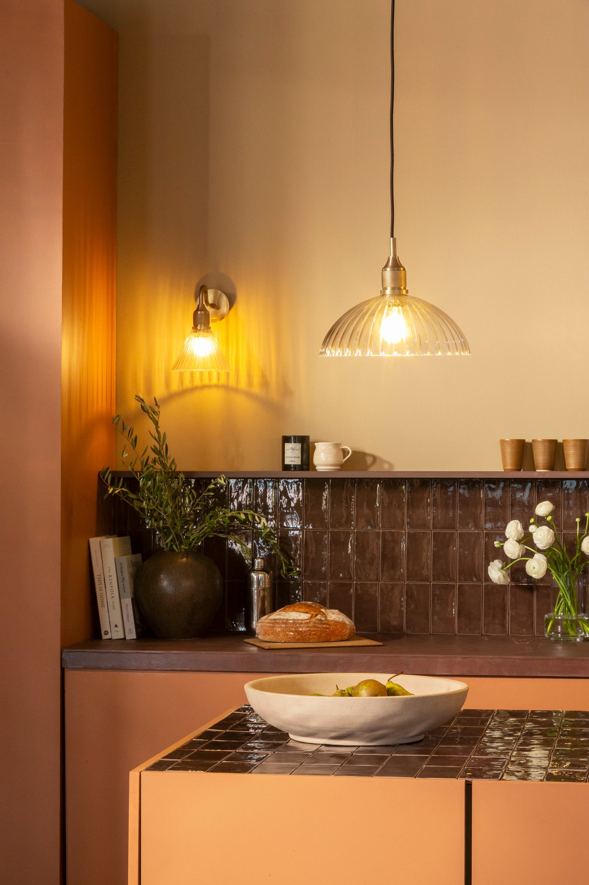 Noho Glass Ribbed Dome Pendant Light - 12 Inch with Brass Holder