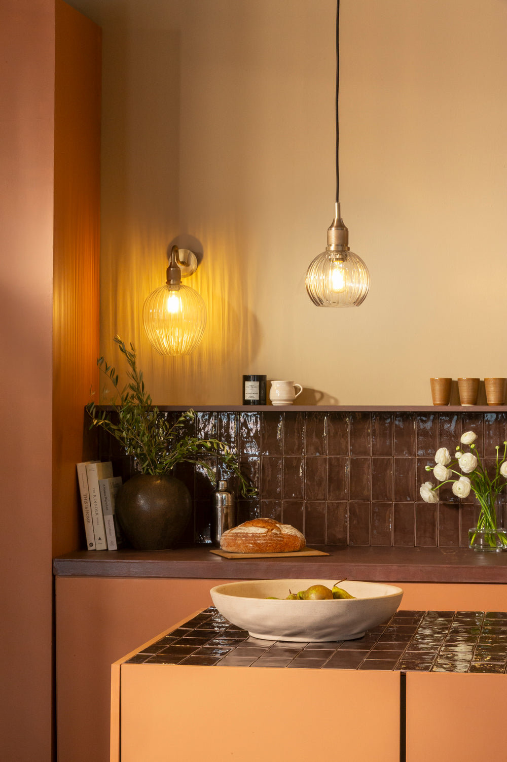 Noho Glass Ribbed Globe Pendant Light - 6 Inch with Brass Holder