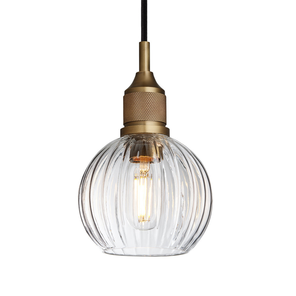 Noho Glass Ribbed Globe Pendant Light - 6 Inch with Brass Holder