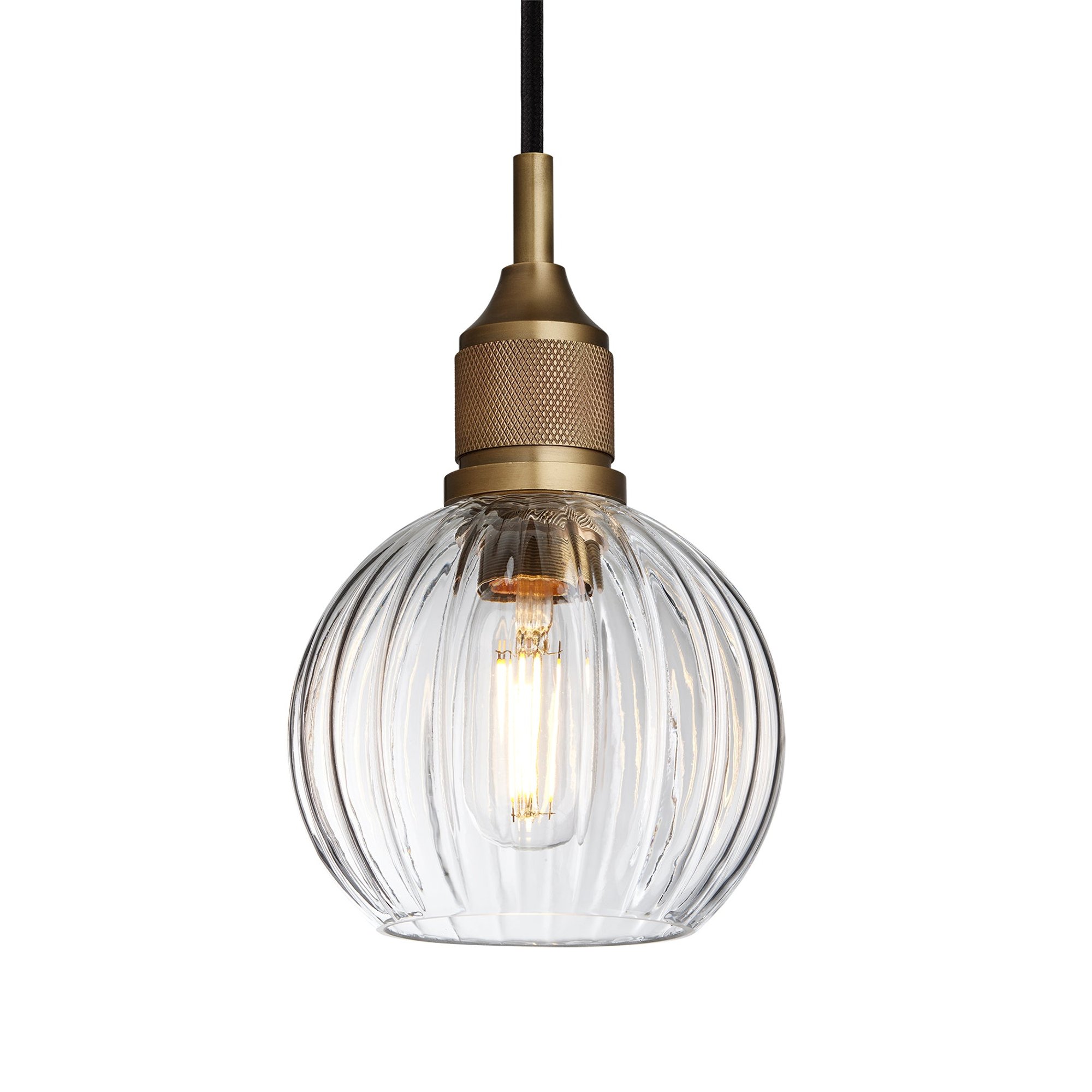 Noho Glass Ribbed Globe Pendant Light - 6 Inch with Brass Holder