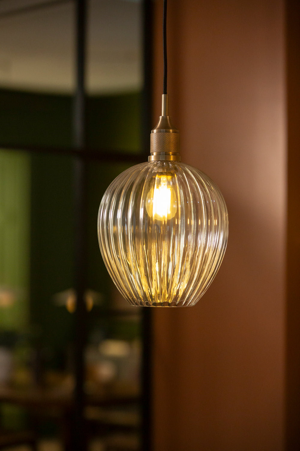 Noho Glass Ribbed Tulip Pendant Light - 9 Inch with Brass Holder
