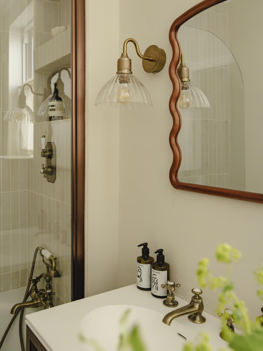 Noho Glass Ribbed Dome Swan Neck Wall Light - 8 Inch with Brass Holder