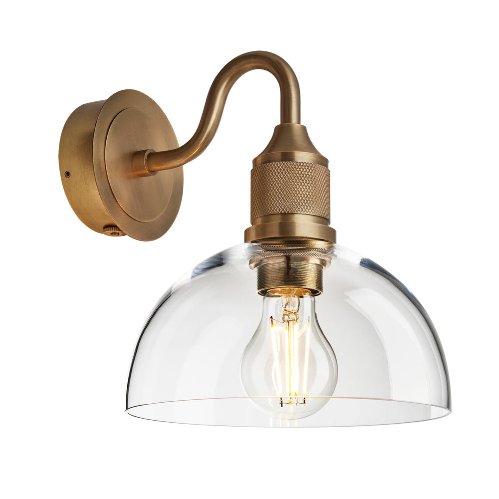 Noho Clear Glass Dome Swan Neck Wall Light - 8 Inch with Brass Holder