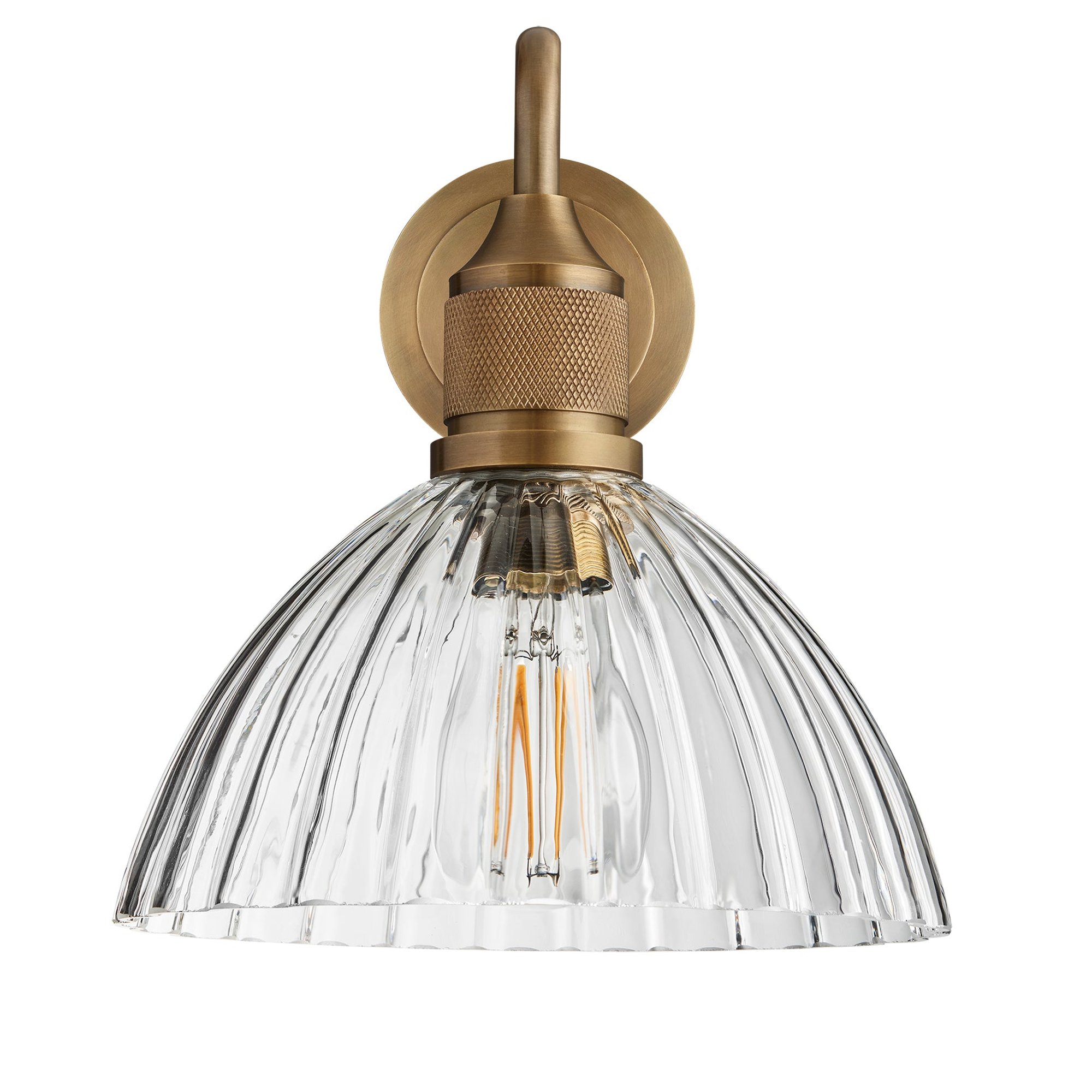 Noho Glass Ribbed Dome Swan Neck Wall Light - 8 Inch with Brass Holder