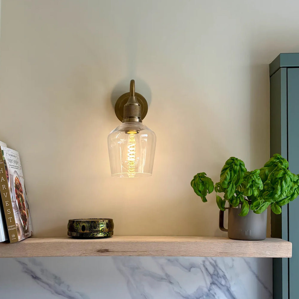 Noho Clear Glass Schoolhouse Swan Neck Wall Light - 5.5 Inch with Brass Holder