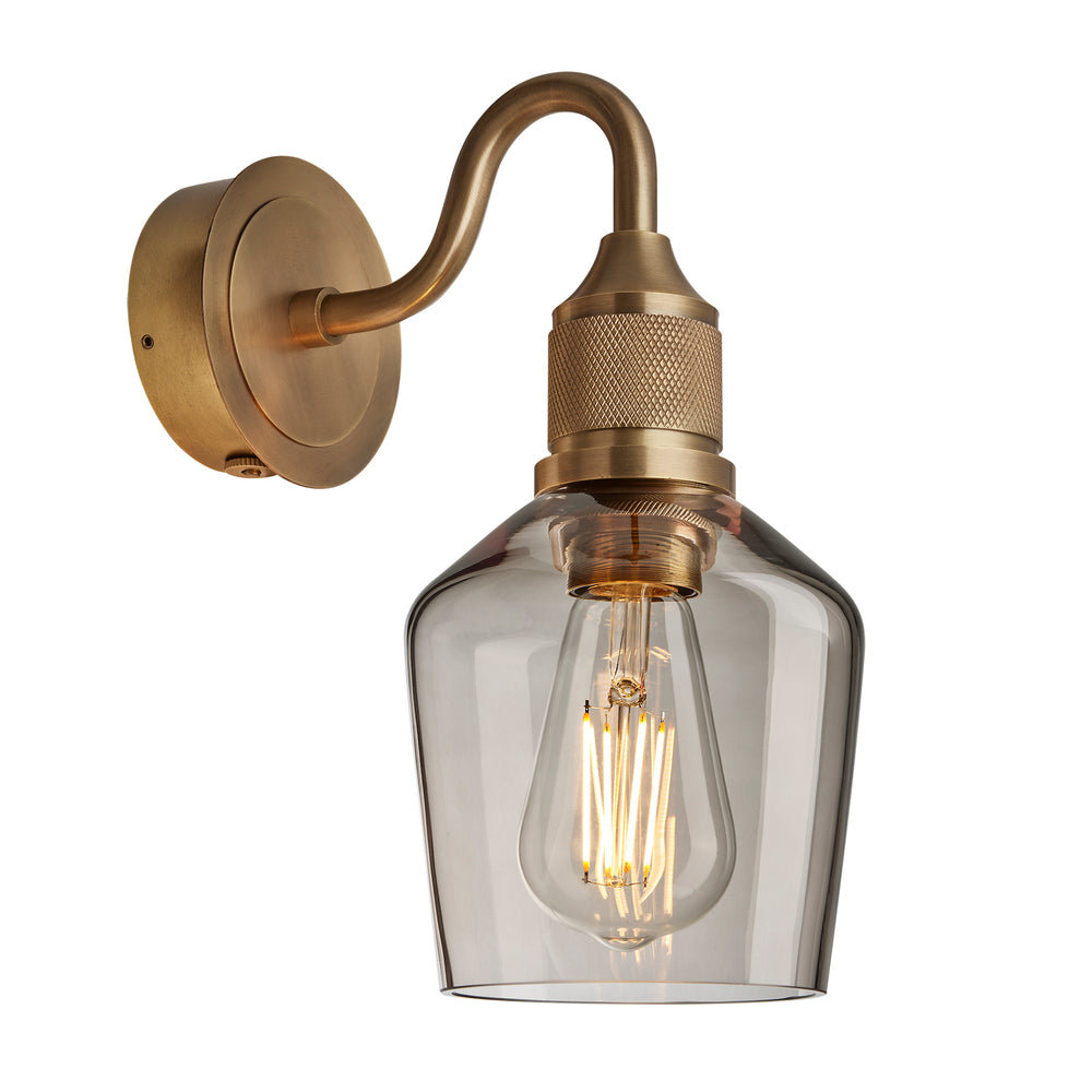 Noho Smoked Glass Schoolhouse Swan Neck Wall Light - 5.5 Inch with Brass Holder