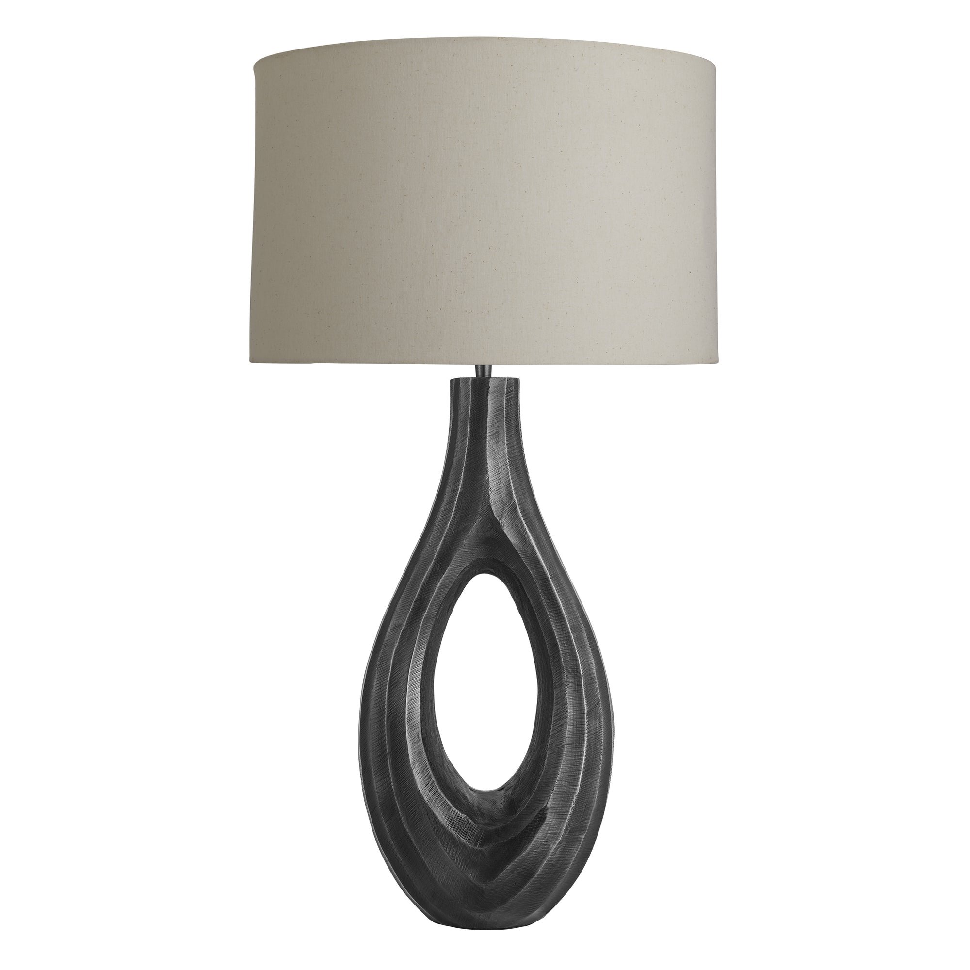 Ornate Ellipse Table Lamp in Pewter with Natural Cotton Drum Lampshade