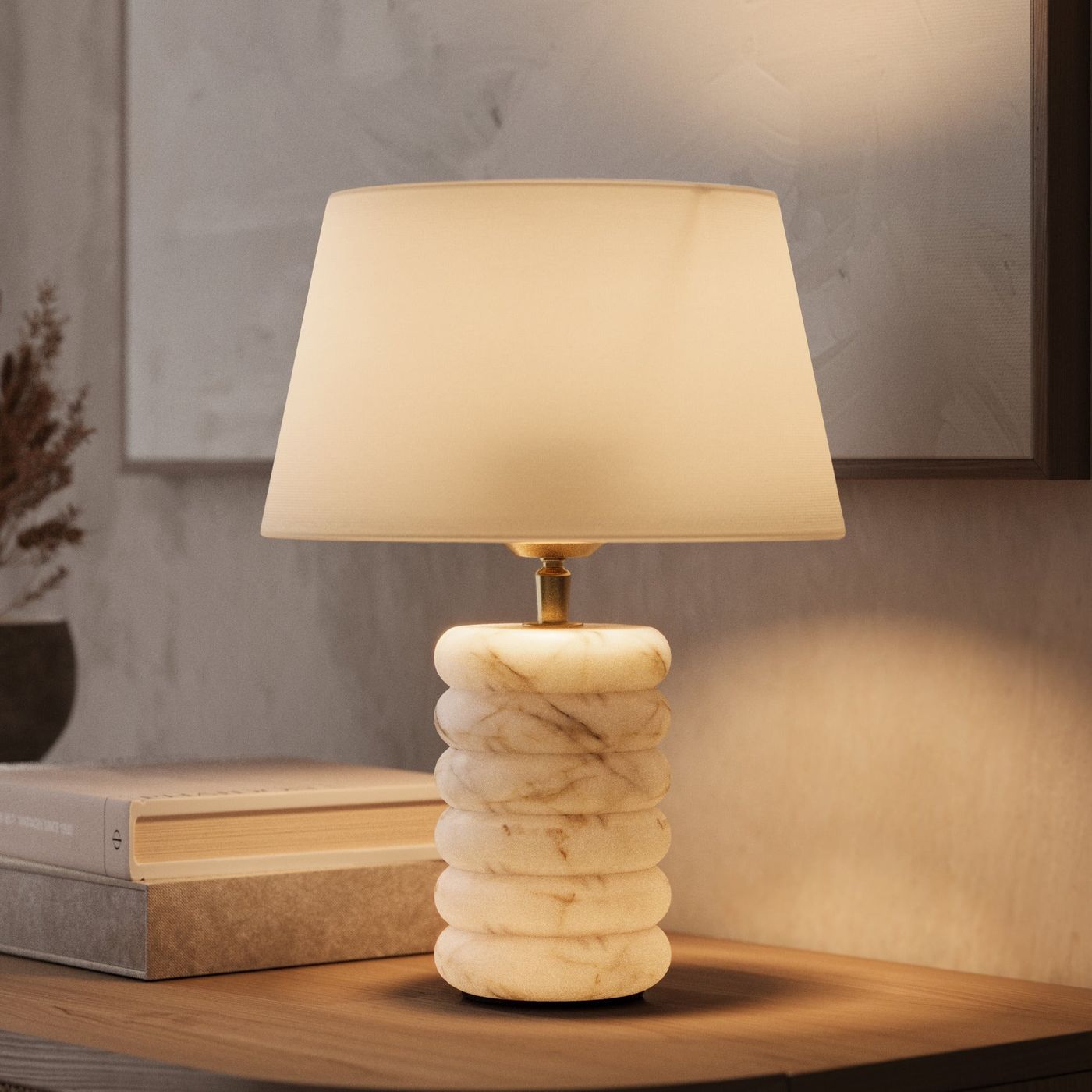 Alabaster Dual Lit Table Lamp Light  with Natural Cotton Medium Empire Shade, product code is  AL-DUTL-EM-M-NC