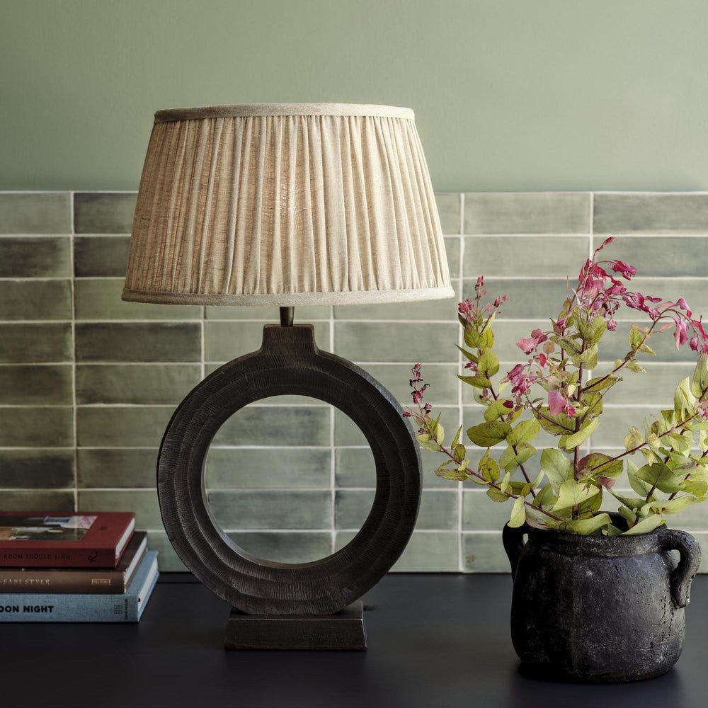 Ornate Circle Table Lamp in Pewter with Linen Pleated Lampshade