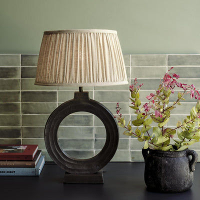 Ornate Circle Table Lamp in Pewter with Linen Pleated Lampshade