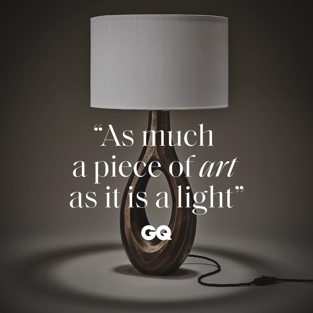 Ornate Ellipse Table Lamp in Brass with Natural Cotton Drum Shade