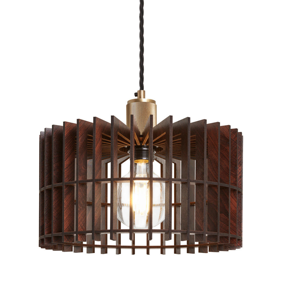 Rift Slatted Wooden Drum Pendant Light in Dark  Finish with Brass Holder