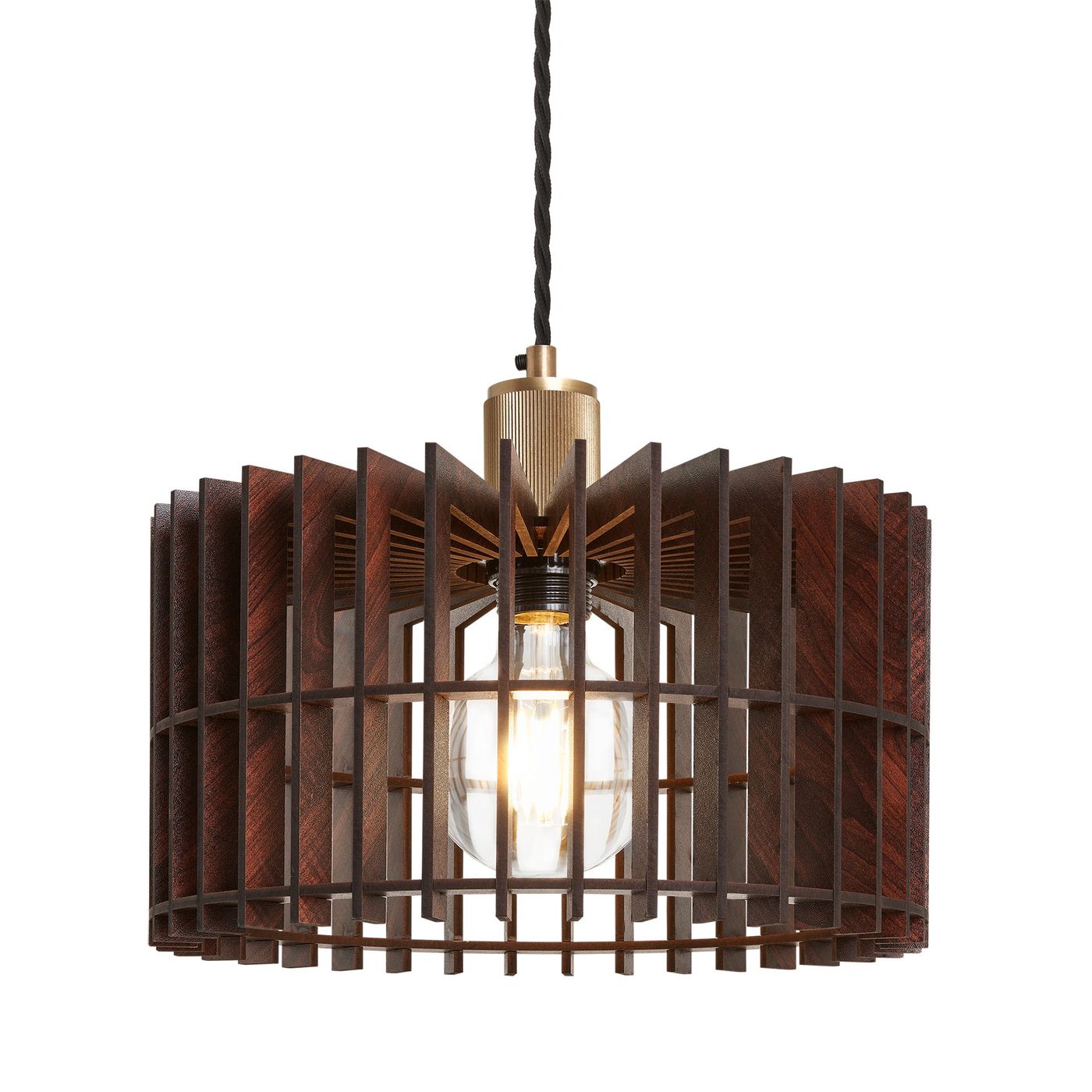 Rift Slatted Wooden Drum Pendant Light in Dark  Finish with Brass Holder