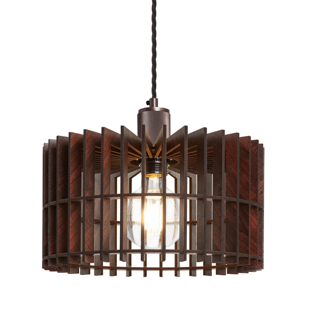 Rift Slatted Wooden Drum Pendant Light in Dark Finish with Bronze Holder