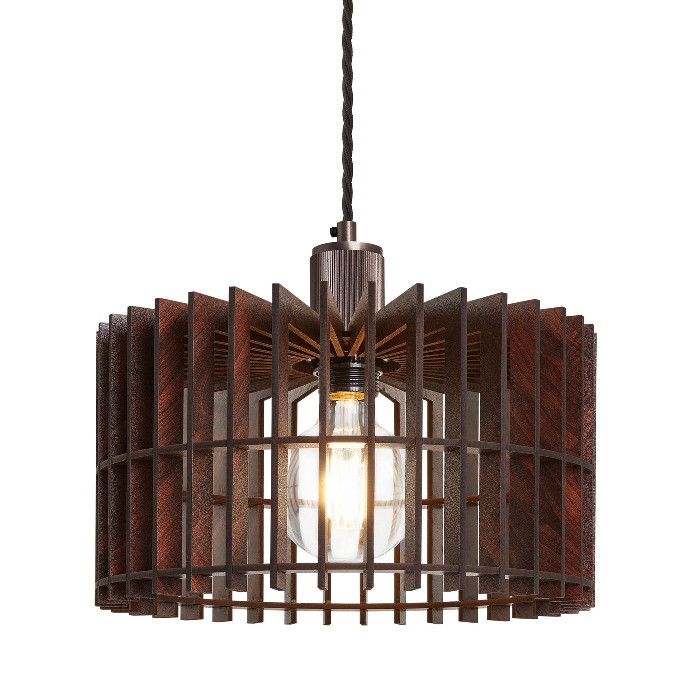 Rift Slatted Wooden Drum Pendant Light in Dark Finish with Bronze Holder