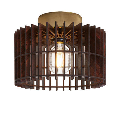 Rift Slatted Wooden Drum Semi Flush Mount Light in Dark Finish with Brass Holder