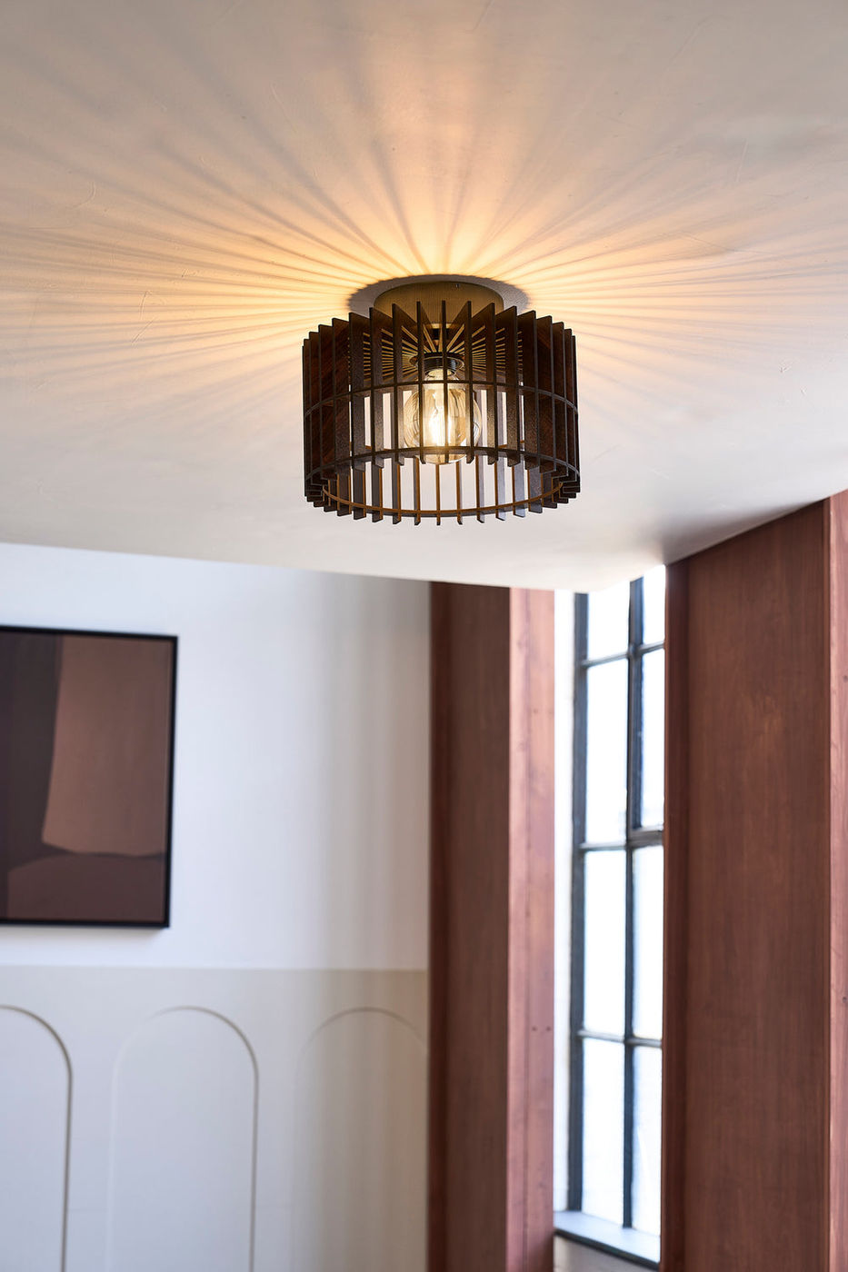 Rift Slatted Wooden Drum Semi Flush Mount Light in Dark Finish with Brass Holder