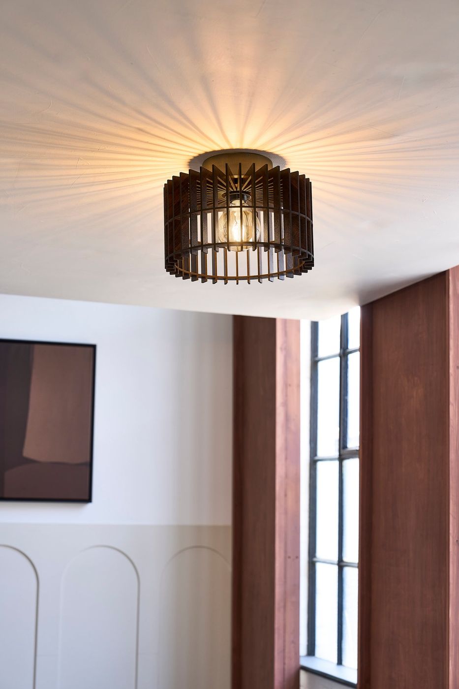 Rift Slatted Wooden Drum Semi Flush Mount Light in Dark Finish with Brass Holder