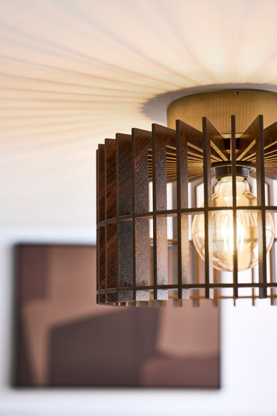 Rift Slatted Wooden Drum Semi Flush Mount Light in Dark Finish with Brass Holder