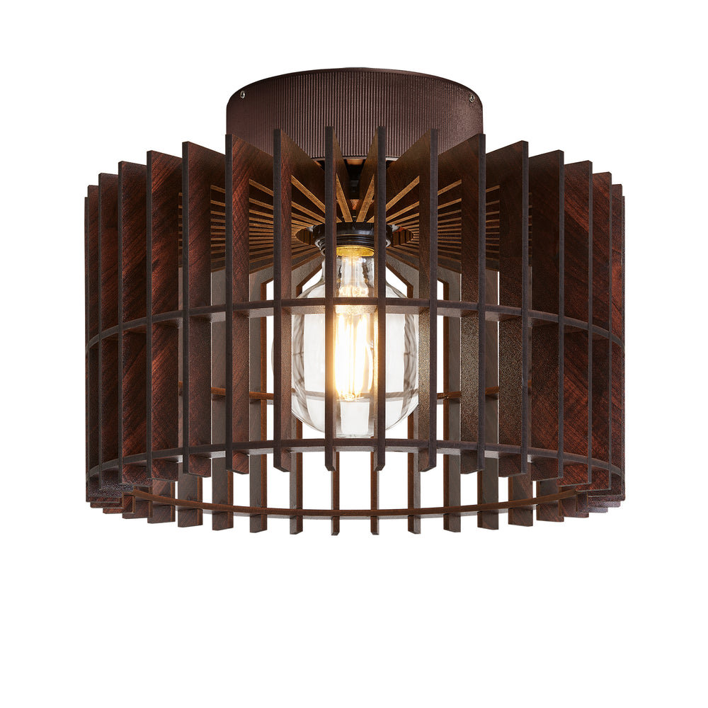 Rift Slatted Wooden Drum Semi Flush Mount Light in Dark Finish with Bronze Holder