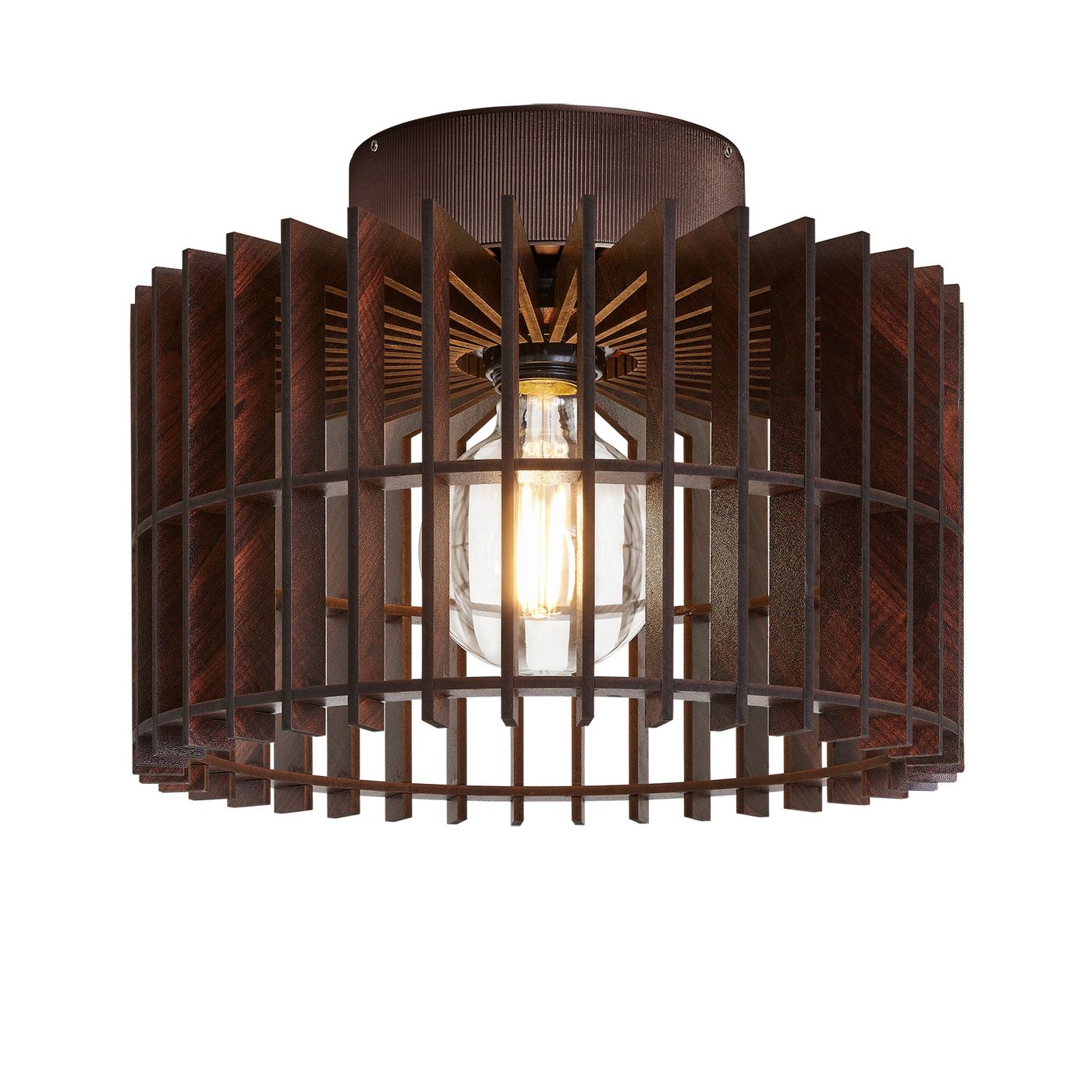 Rift Slatted Wooden Drum Semi Flush Mount Light in Dark Finish with Bronze Holder