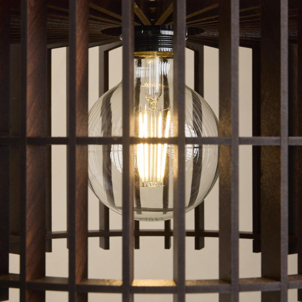 Rift Slatted Wooden Drum Pendant Light in Dark Finish with Bronze Holder