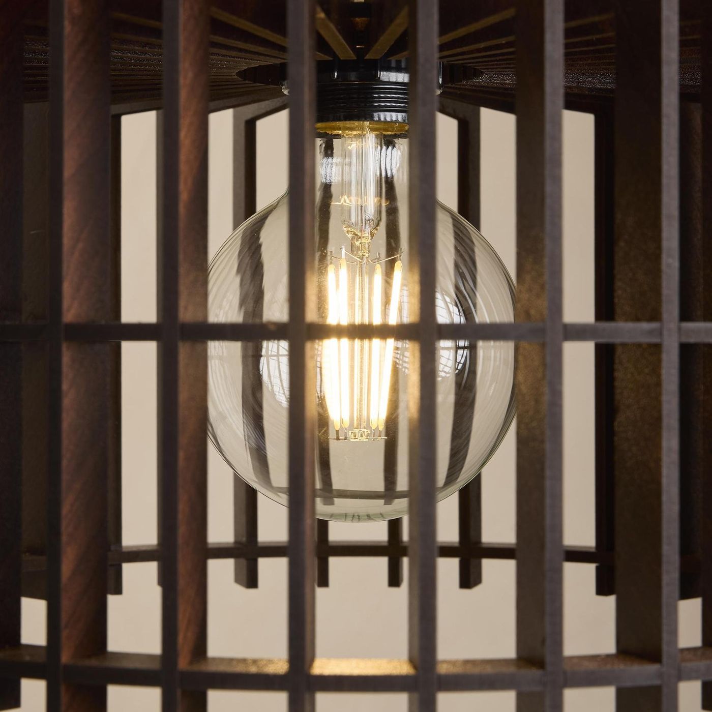 Rift Slatted Wooden Drum Pendant Light in Dark Finish with Bronze Holder