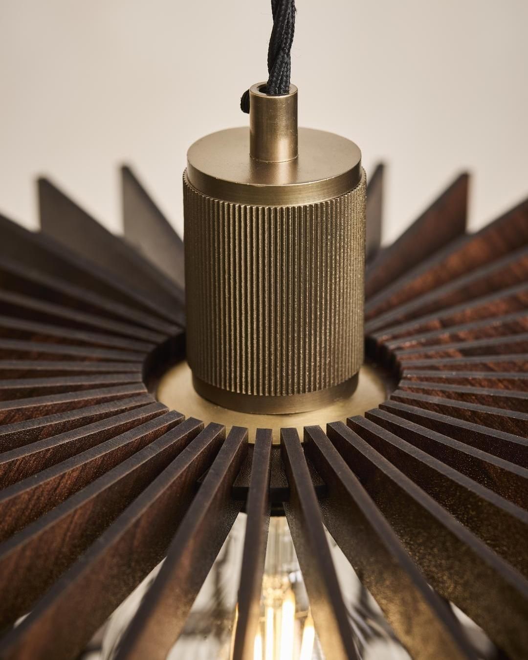 Rift Slatted Wooden Drum Pendant Light in Dark  Finish with Brass Holder