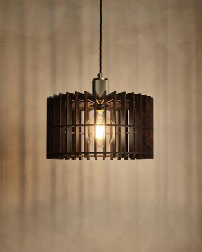 Rift Slatted Wooden Drum Pendant Light in Dark  Finish with Brass Holder