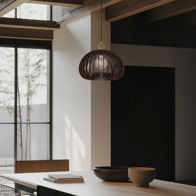 Rift Slatted Wooden Organic Pendant Light in Dark Finish with Brass Holder