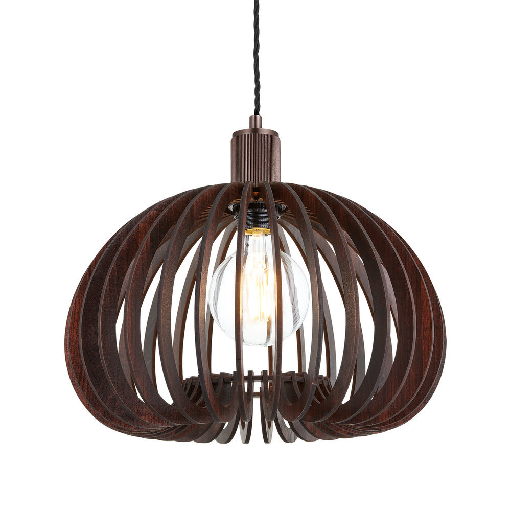 Rift Slatted Wooden Organic Pendant Light in Dark Finish with Bronze Holder