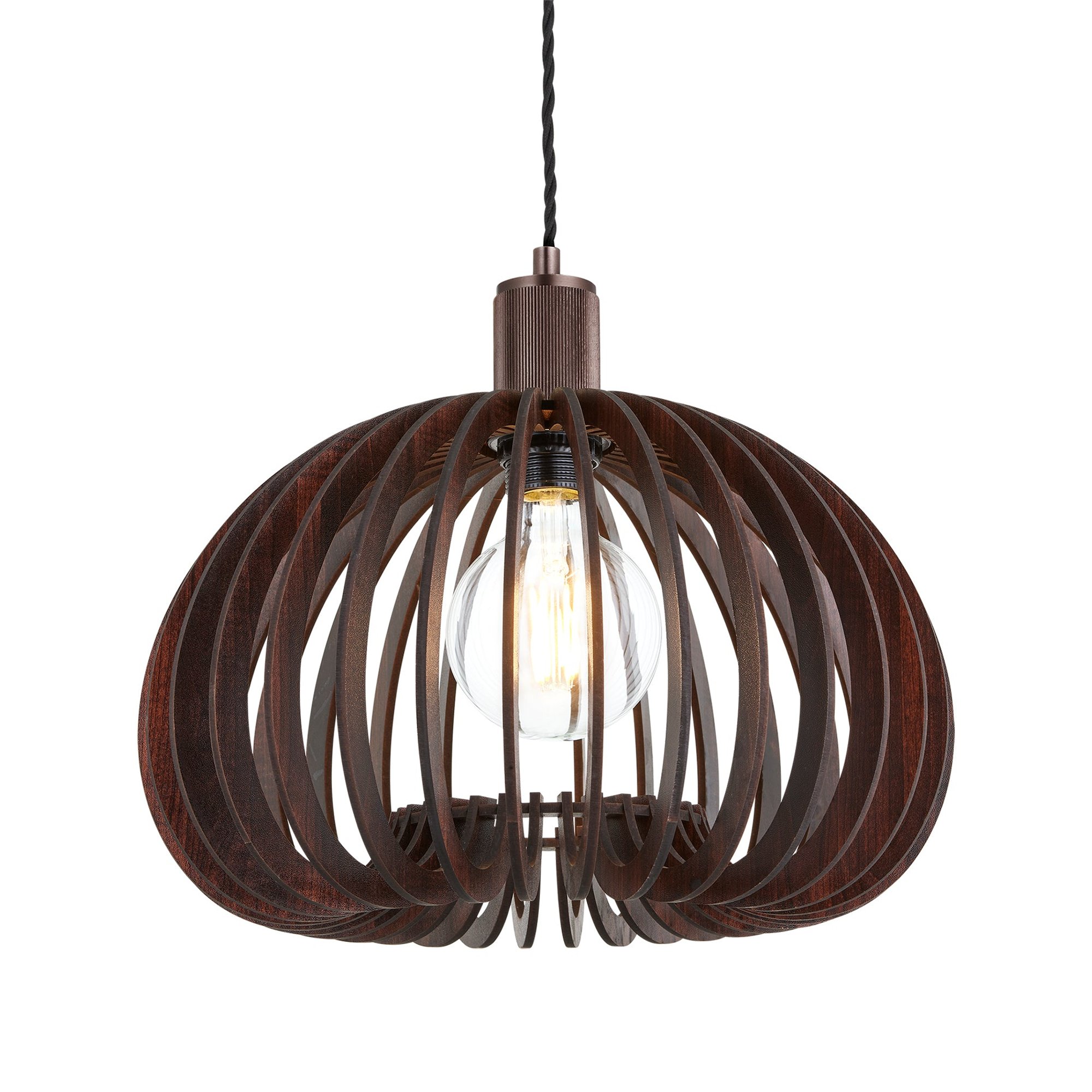 Rift Slatted Wooden Organic Pendant Light in Dark Finish with Bronze Holder