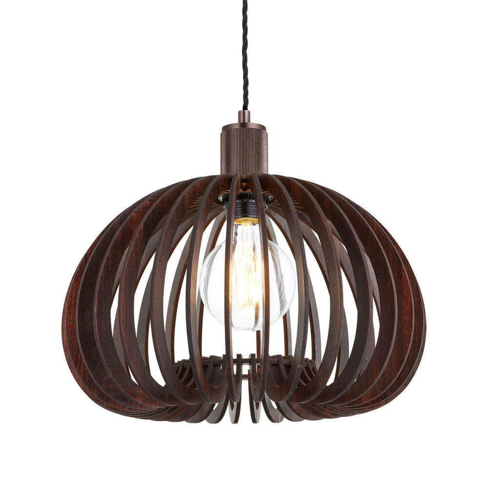 Rift Slatted Wooden Organic Pendant Light in Dark Finish with Bronze Holder