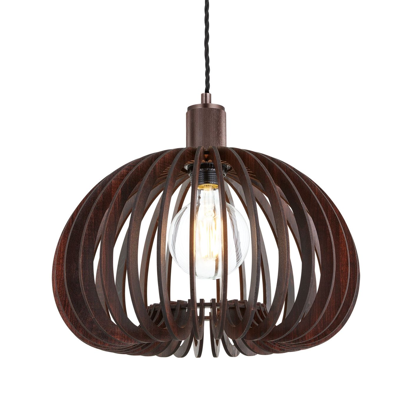 Rift Slatted Wooden Organic Pendant Light in Dark Finish with Bronze Holder