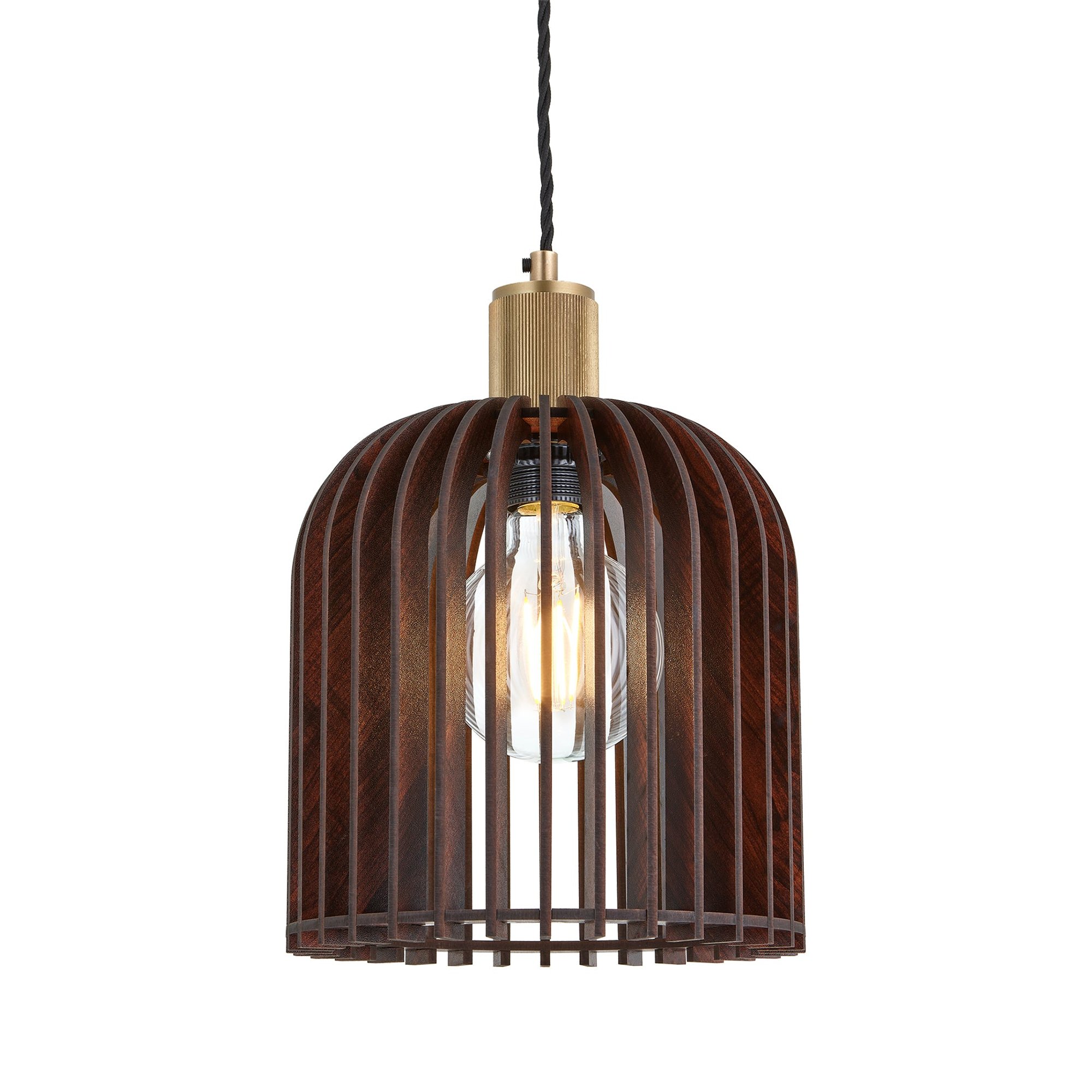Rift Slatted Wooden Cone Pendant Light in Dark Finish with Brass Holder