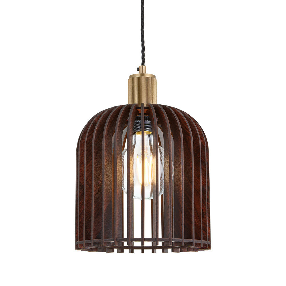 Rift Slatted Wooden Cone Pendant Light in Dark Finish with Brass Holder