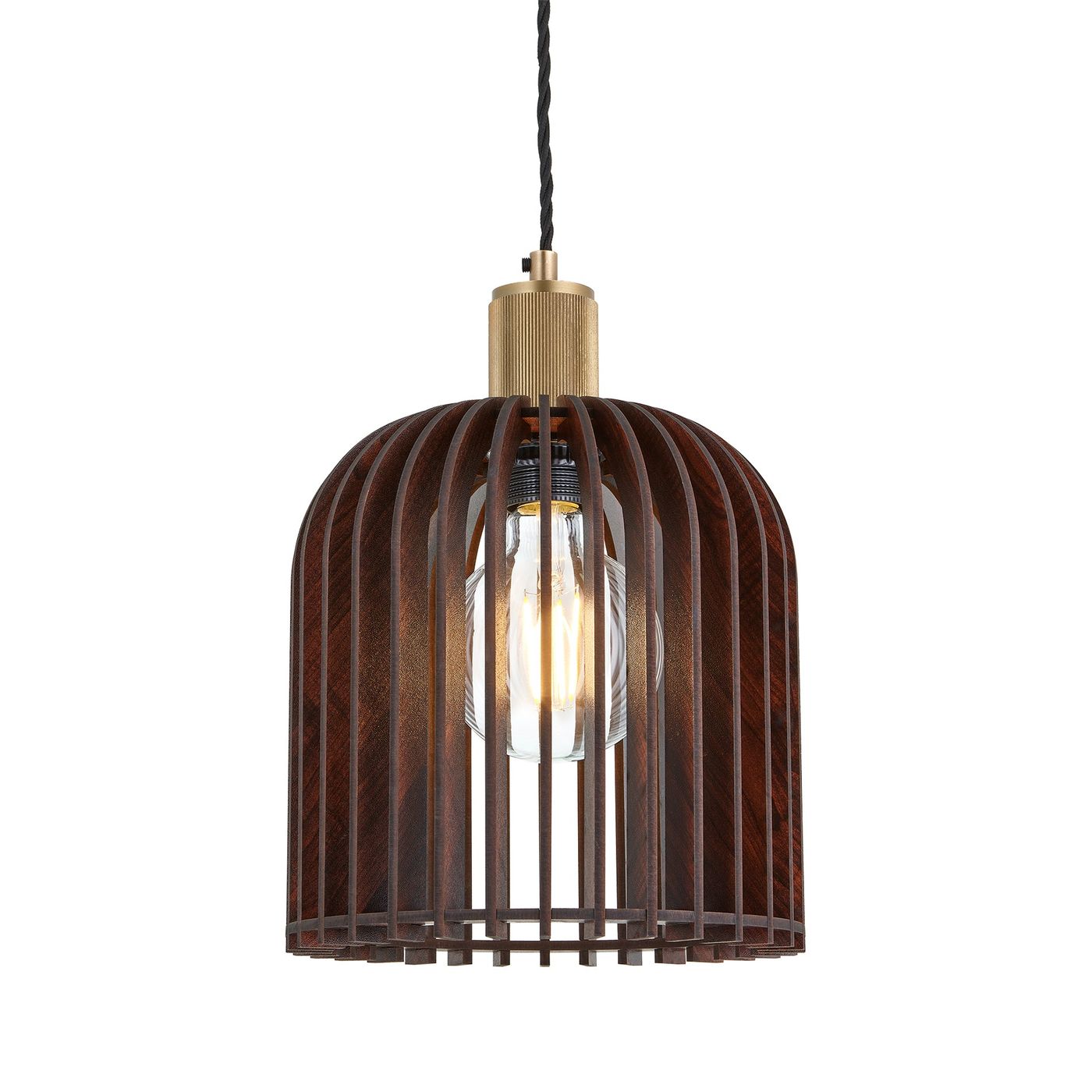Rift Slatted Wooden Cone Pendant Light in Dark Finish with Brass Holder